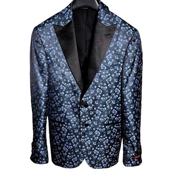 EGARA Mens (38 Short) Slim Fit Black/Blue Floral 2-Button Dinner Jacket - Lined